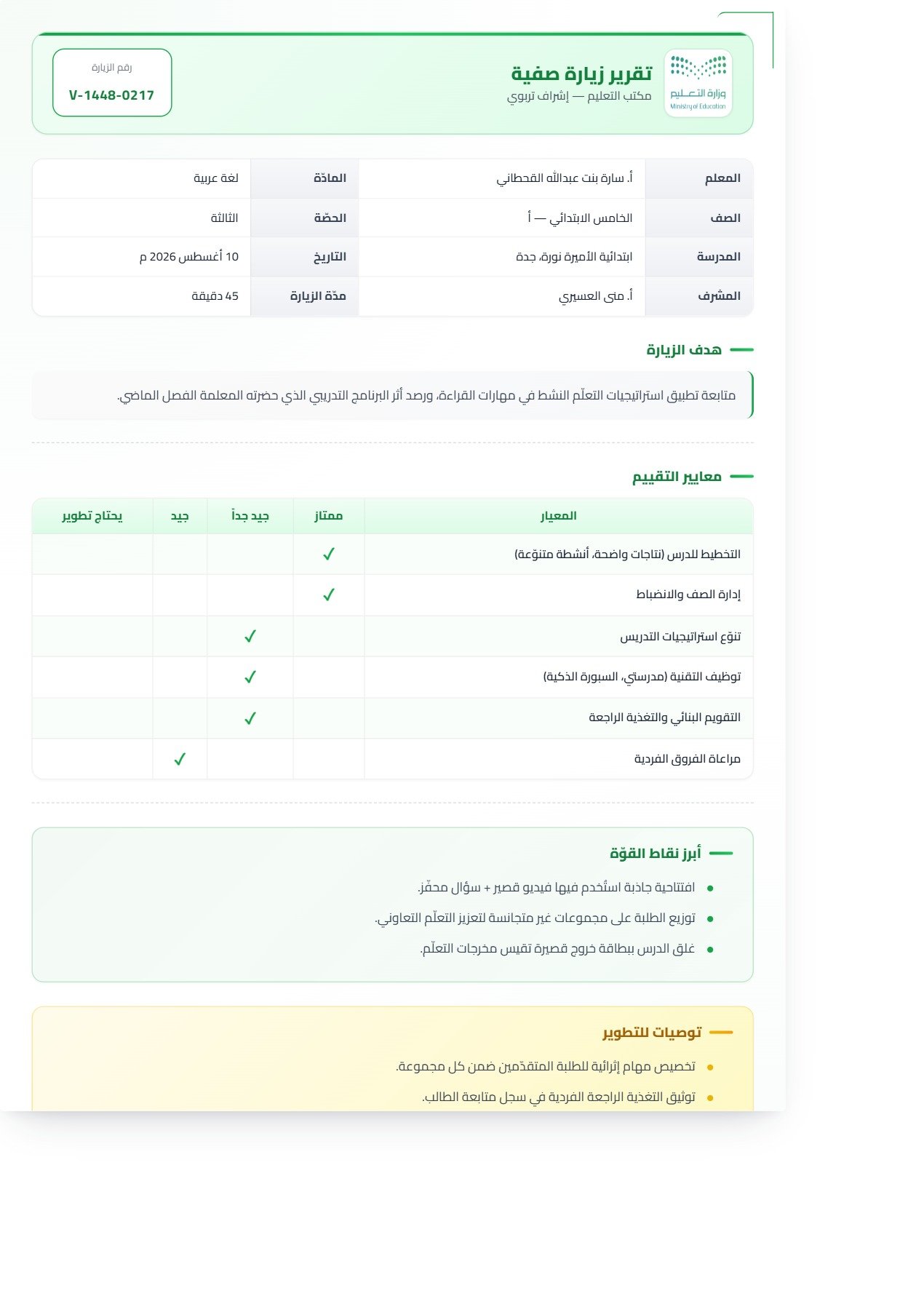 نموذج — تقرير زيارة صفية
