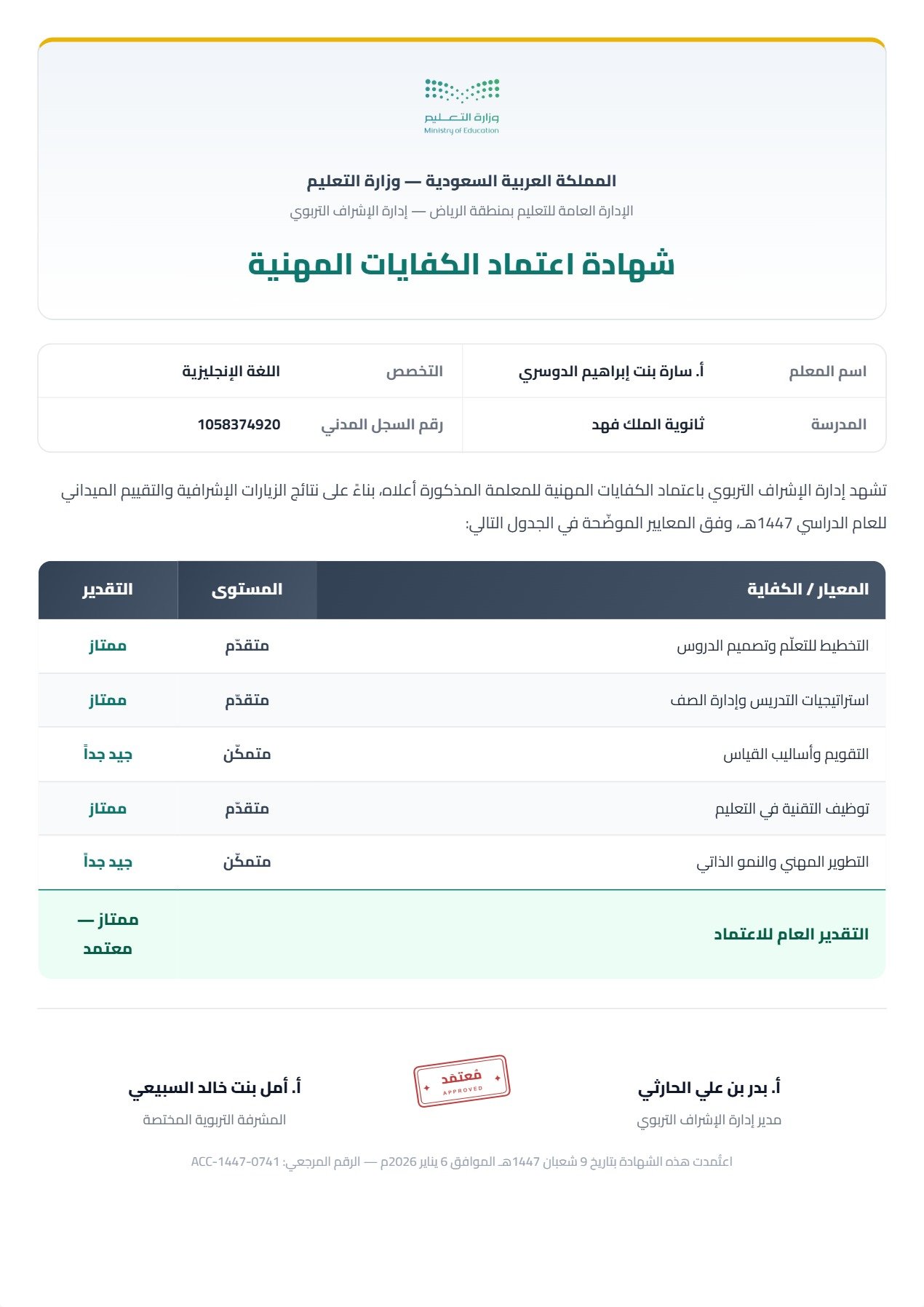 نموذج معلم — شهادة الاعتماد بجدول كفايات ودرجات